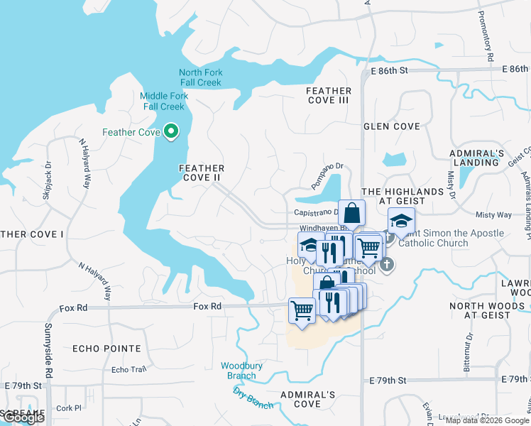 map of restaurants, bars, coffee shops, grocery stores, and more near 11525 Capistrano Circle in Indianapolis