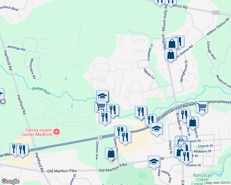 map of restaurants, bars, coffee shops, grocery stores, and more near 43 Binsted Drive in Medford