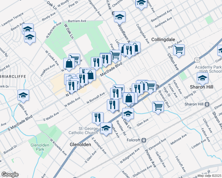 map of restaurants, bars, coffee shops, grocery stores, and more near 309 West Oak Lane in Collingdale