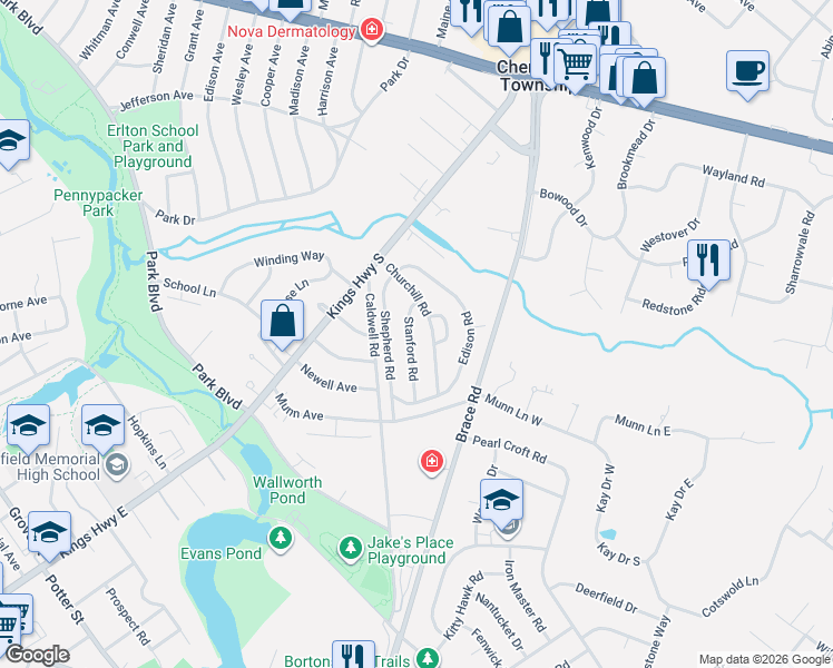map of restaurants, bars, coffee shops, grocery stores, and more near 40 Stanford Road in Cherry Hill