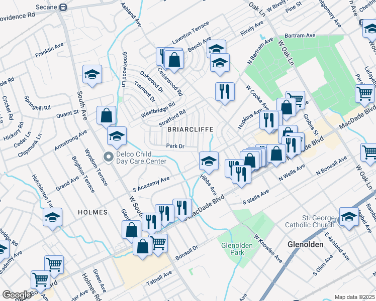 map of restaurants, bars, coffee shops, grocery stores, and more near 620 Crescent Drive in Glenolden