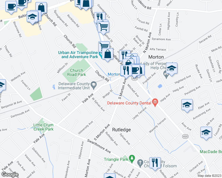 map of restaurants, bars, coffee shops, grocery stores, and more near 156 Bridge Street in Morton