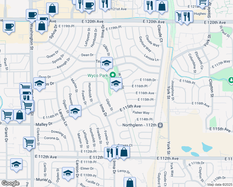 map of restaurants, bars, coffee shops, grocery stores, and more near 11551 Wyco Drive in Northglenn