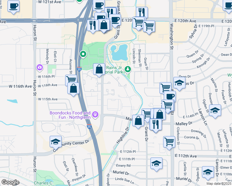 map of restaurants, bars, coffee shops, grocery stores, and more near 301 Malley Drive in Northglenn