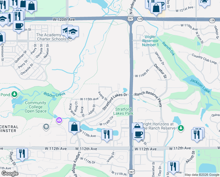 map of restaurants, bars, coffee shops, grocery stores, and more near 11568 Hooker Court in Westminster