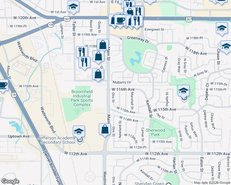 map of restaurants, bars, coffee shops, grocery stores, and more near 11563 Newland Street in Broomfield