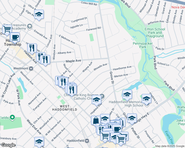 map of restaurants, bars, coffee shops, grocery stores, and more near 244 Rhoads Avenue in Haddonfield