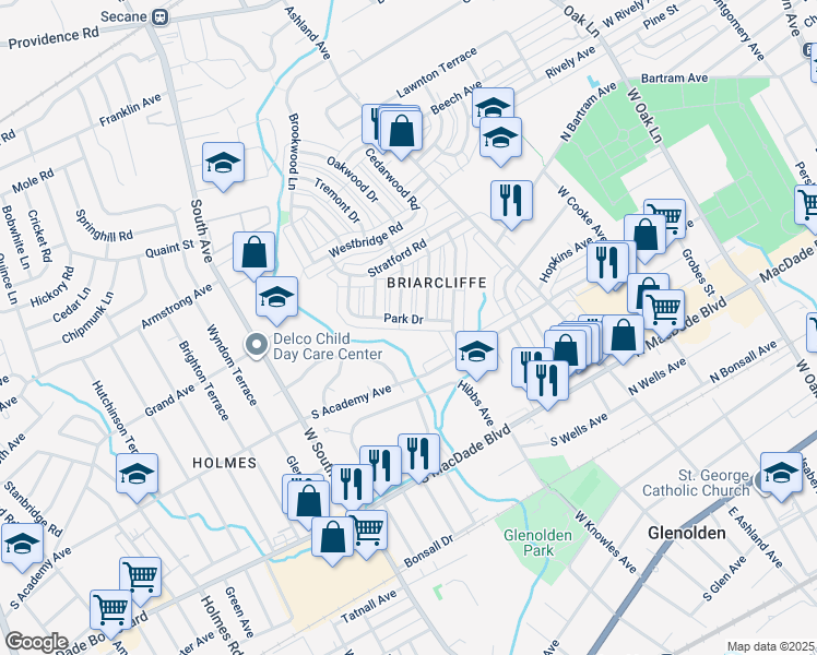 map of restaurants, bars, coffee shops, grocery stores, and more near 247 Park Drive in Glenolden