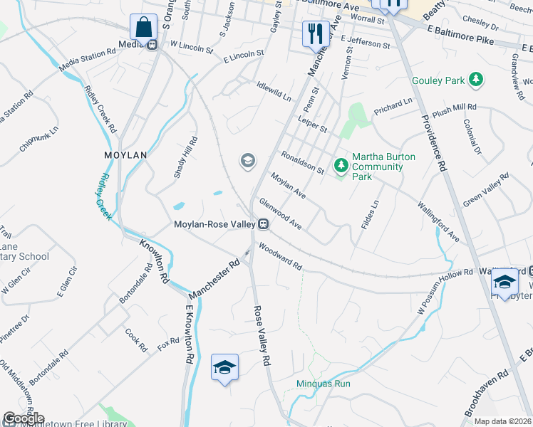 map of restaurants, bars, coffee shops, grocery stores, and more near in Nether Providence Township