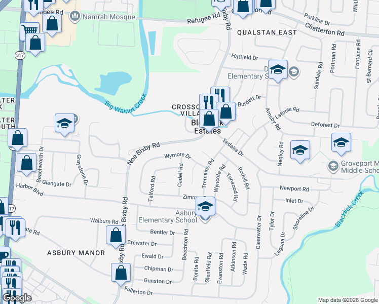 map of restaurants, bars, coffee shops, grocery stores, and more near 5048 Wymore Drive in Columbus