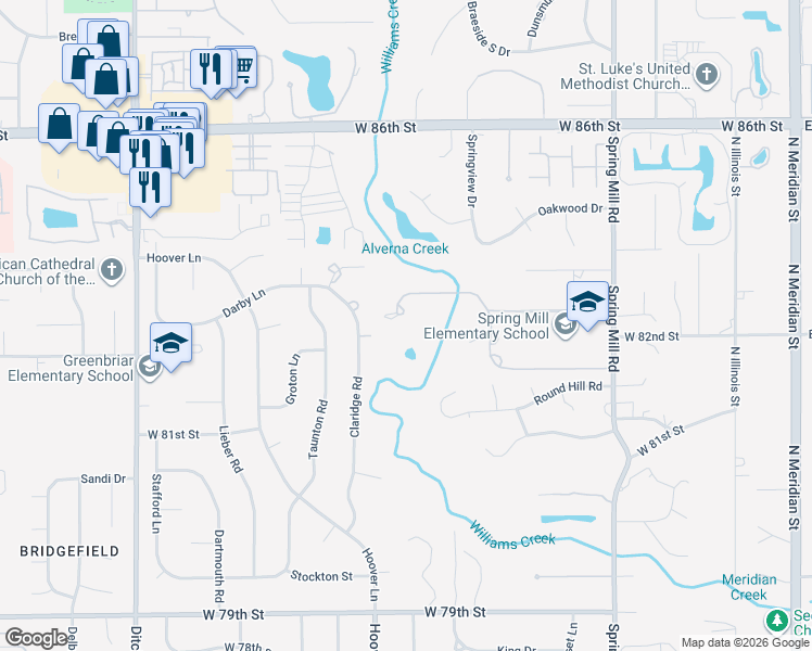 map of restaurants, bars, coffee shops, grocery stores, and more near 841 Alverna Drive in Indianapolis