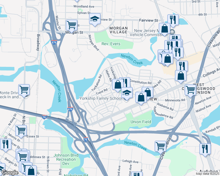 map of restaurants, bars, coffee shops, grocery stores, and more near Trent Road & Octagon Road in Camden