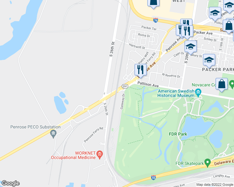 map of restaurants, bars, coffee shops, grocery stores, and more near 2451 Penrose Avenue in Philadelphia