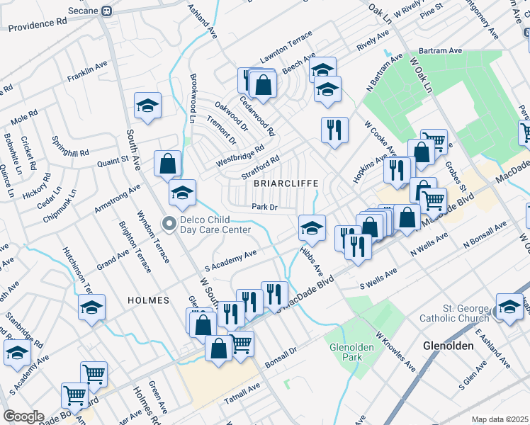 map of restaurants, bars, coffee shops, grocery stores, and more near 253 Park Drive in Glenolden