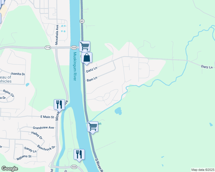 map of restaurants, bars, coffee shops, grocery stores, and more near 1120 Walter Drive in Zanesville