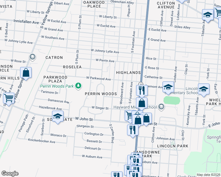 map of restaurants, bars, coffee shops, grocery stores, and more near 1630 South Center Boulevard in Springfield