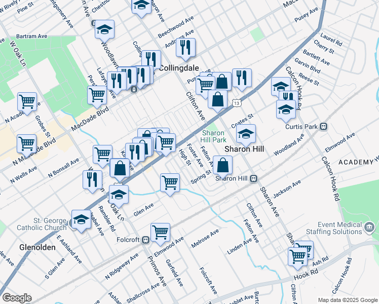 map of restaurants, bars, coffee shops, grocery stores, and more near 118 Foster Avenue in Sharon Hill