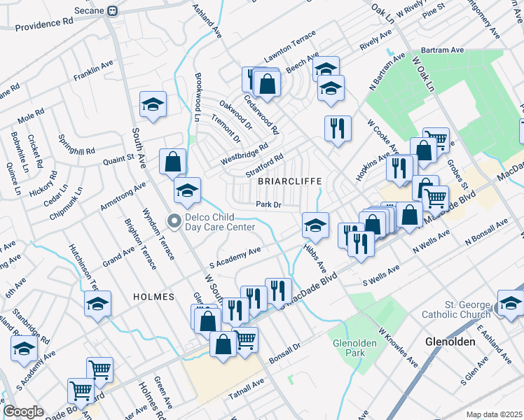 map of restaurants, bars, coffee shops, grocery stores, and more near 307 Park Drive in Glenolden