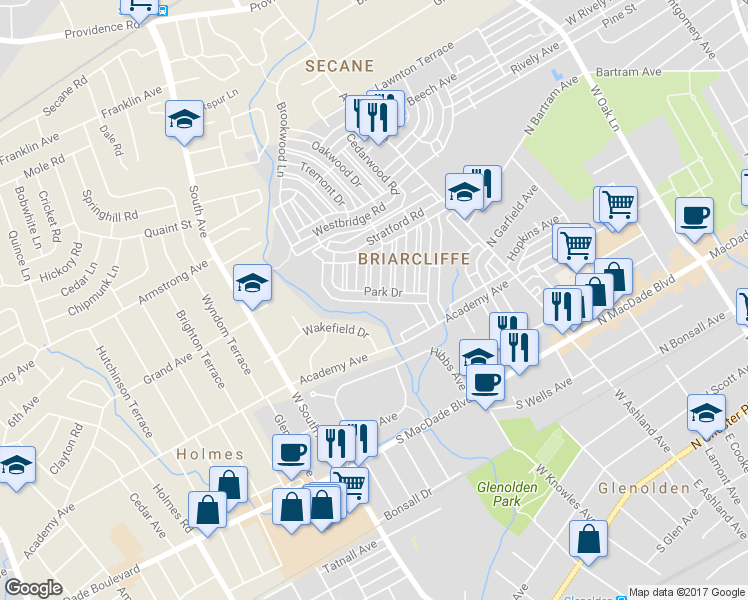 map of restaurants, bars, coffee shops, grocery stores, and more near 307 Park Drive in Glenolden