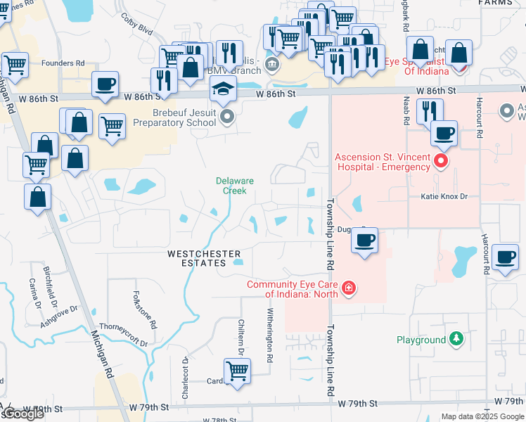 map of restaurants, bars, coffee shops, grocery stores, and more near Plaza Drive in Indianapolis
