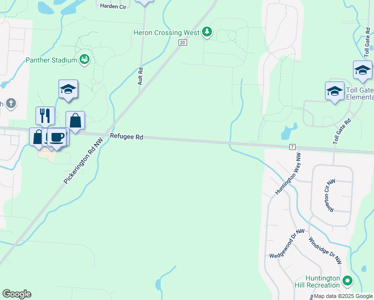 map of restaurants, bars, coffee shops, grocery stores, and more near 7271 Refugee Road in Pickerington