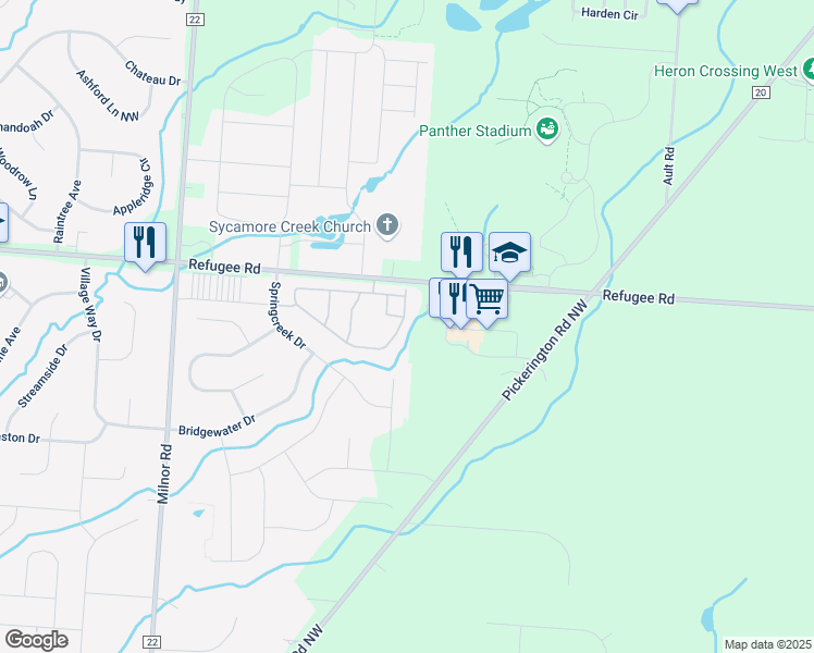 map of restaurants, bars, coffee shops, grocery stores, and more near 8087 Kingfisher Lane in Pickerington