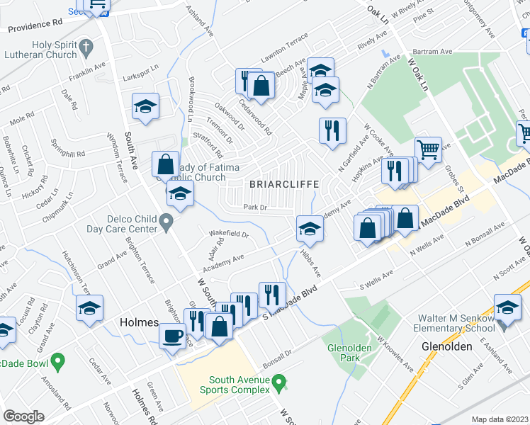 map of restaurants, bars, coffee shops, grocery stores, and more near 247 Park Drive in Glenolden