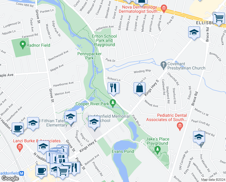 map of restaurants, bars, coffee shops, grocery stores, and more near 142 Cherry Parke in Cherry Hill