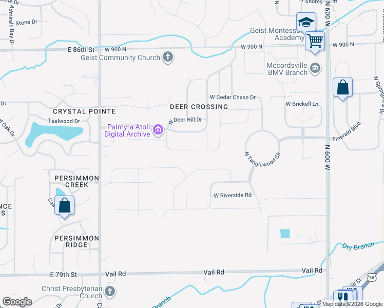 map of restaurants, bars, coffee shops, grocery stores, and more near 6591 West Black Tail Way in McCordsville