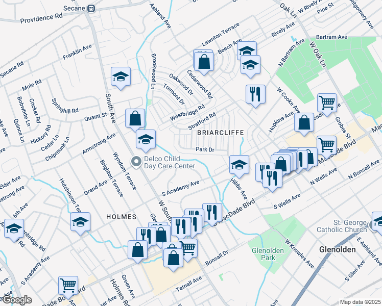 map of restaurants, bars, coffee shops, grocery stores, and more near 407 Park Drive in Glenolden