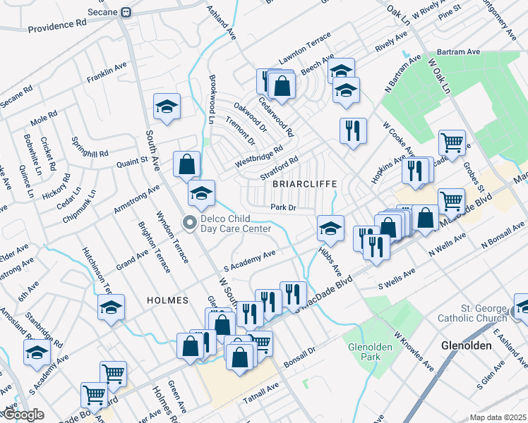map of restaurants, bars, coffee shops, grocery stores, and more near 407 Park Drive in Glenolden