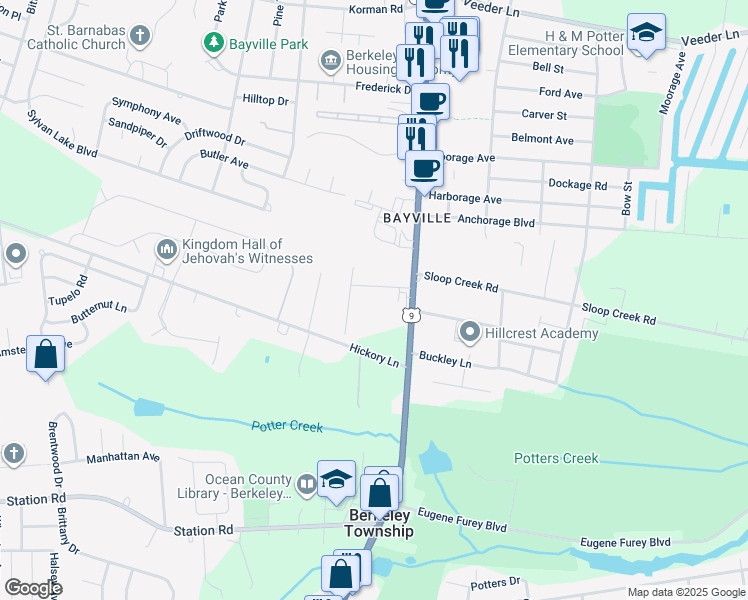 map of restaurants, bars, coffee shops, grocery stores, and more near 15 Allard Road in Berkeley Township