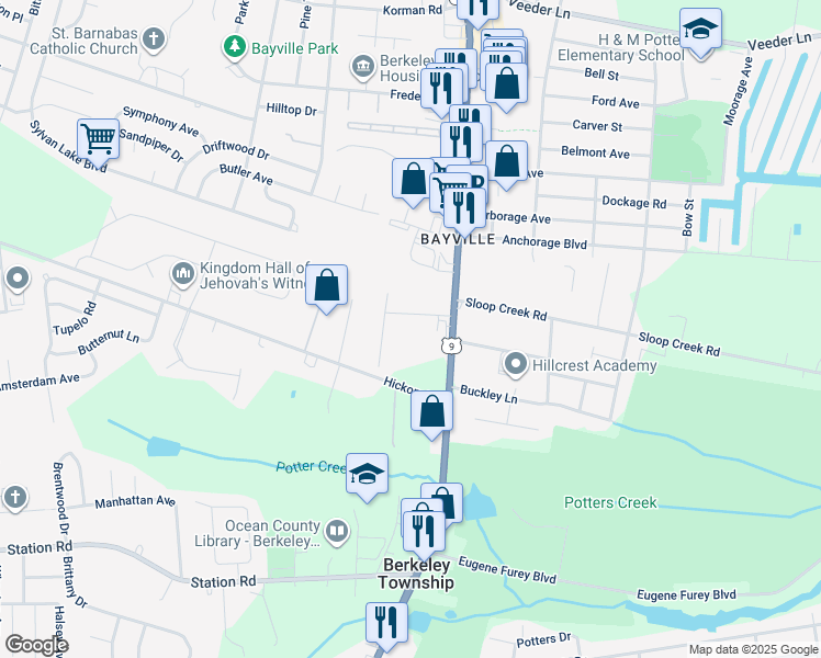 map of restaurants, bars, coffee shops, grocery stores, and more near 15 Allard Road in Berkeley Township