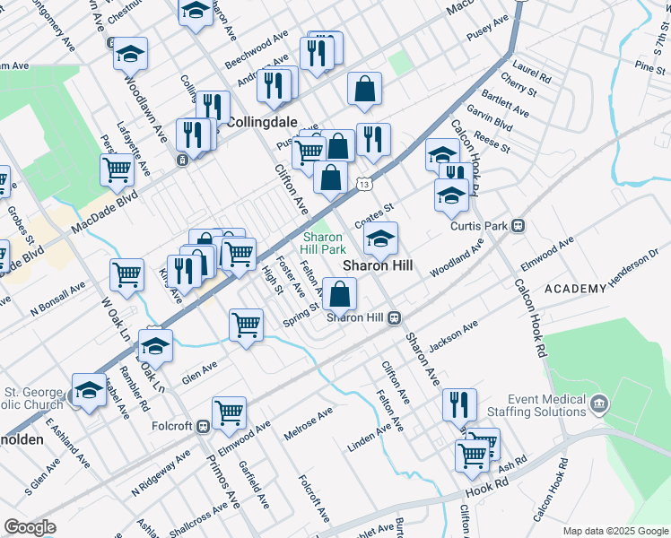 map of restaurants, bars, coffee shops, grocery stores, and more near 235 Clifton Avenue in Sharon Hill