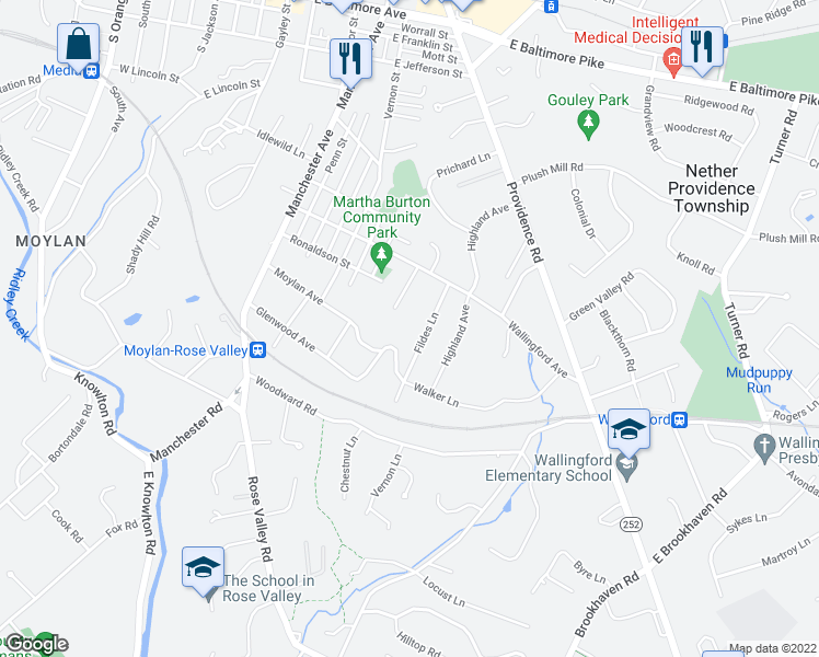 map of restaurants, bars, coffee shops, grocery stores, and more near 205 Fildes Lane in Nether Providence Township