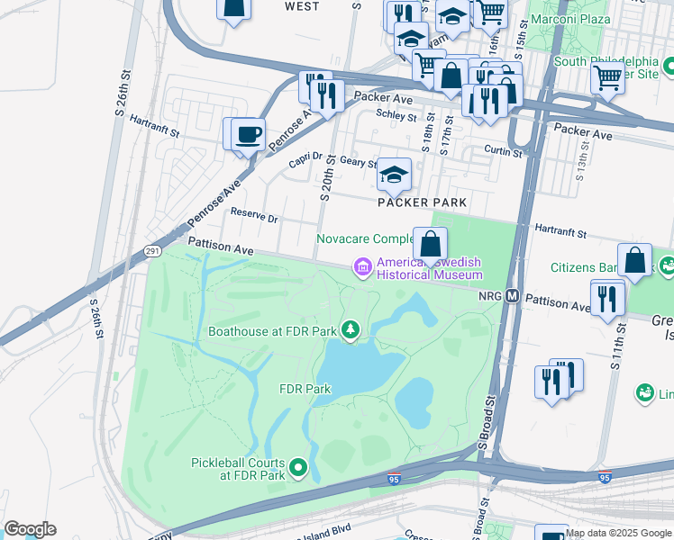map of restaurants, bars, coffee shops, grocery stores, and more near 2000 Pattison Avenue in Philadelphia