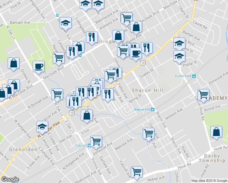 map of restaurants, bars, coffee shops, grocery stores, and more near 116 Foster Avenue in Sharon Hill