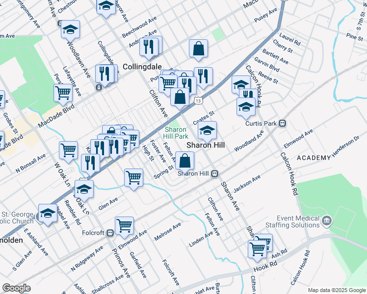 map of restaurants, bars, coffee shops, grocery stores, and more near 235 Clifton Avenue in Sharon Hill