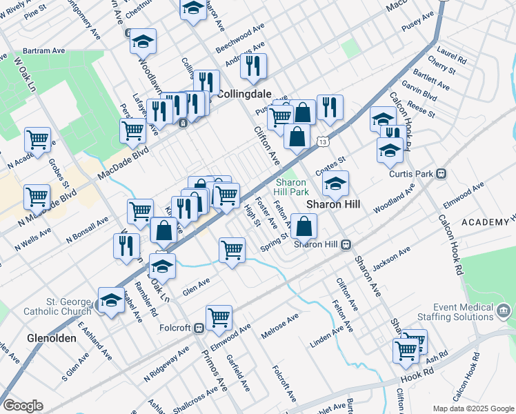map of restaurants, bars, coffee shops, grocery stores, and more near 116 Foster Avenue in Sharon Hill