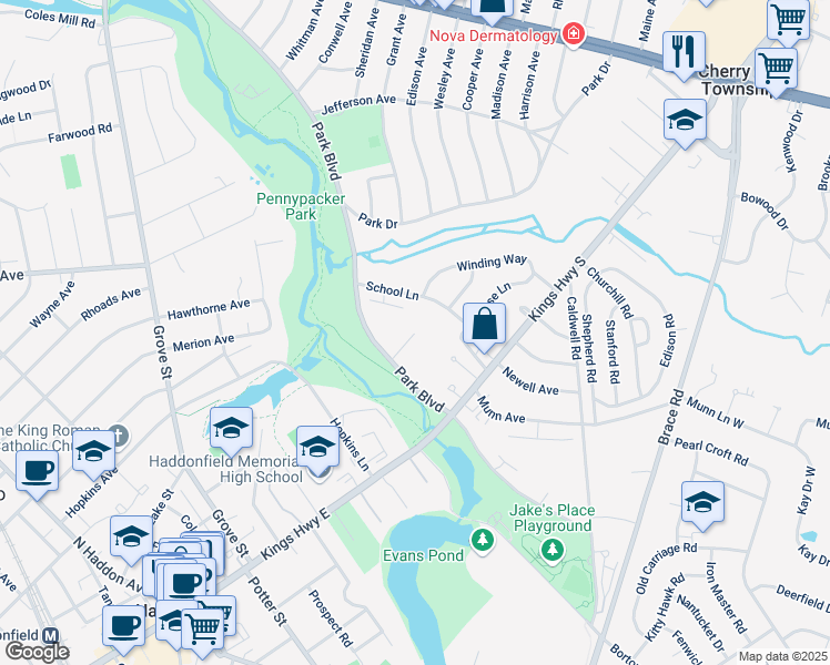 map of restaurants, bars, coffee shops, grocery stores, and more near 177 Cherry Parke in Cherry Hill