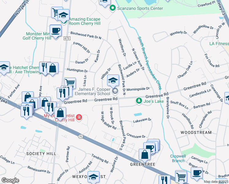 map of restaurants, bars, coffee shops, grocery stores, and more near 1960 Greentree Road in Cherry Hill