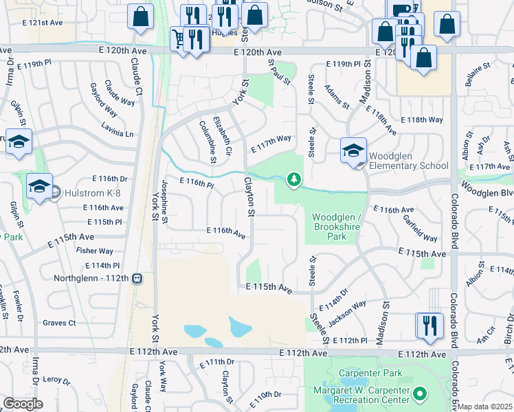 map of restaurants, bars, coffee shops, grocery stores, and more near 11683 Fillmore Place in Thornton