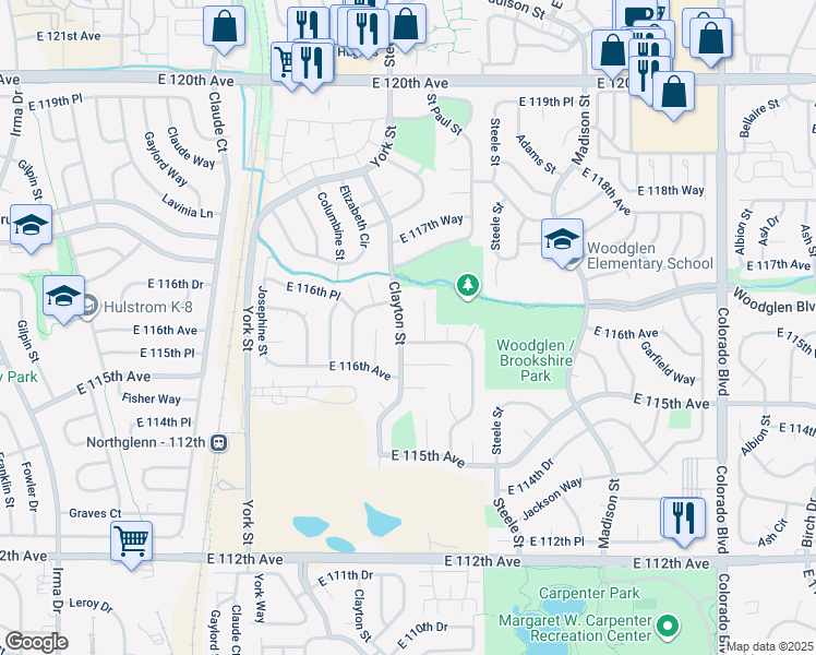 map of restaurants, bars, coffee shops, grocery stores, and more near 11683 Fillmore Place in Thornton