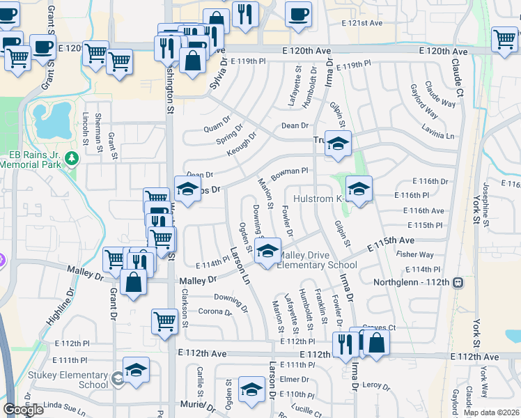 map of restaurants, bars, coffee shops, grocery stores, and more near 11524 Marion Street in Northglenn