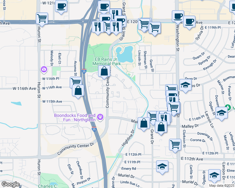 map of restaurants, bars, coffee shops, grocery stores, and more near 11512 Community Center Drive in Northglenn