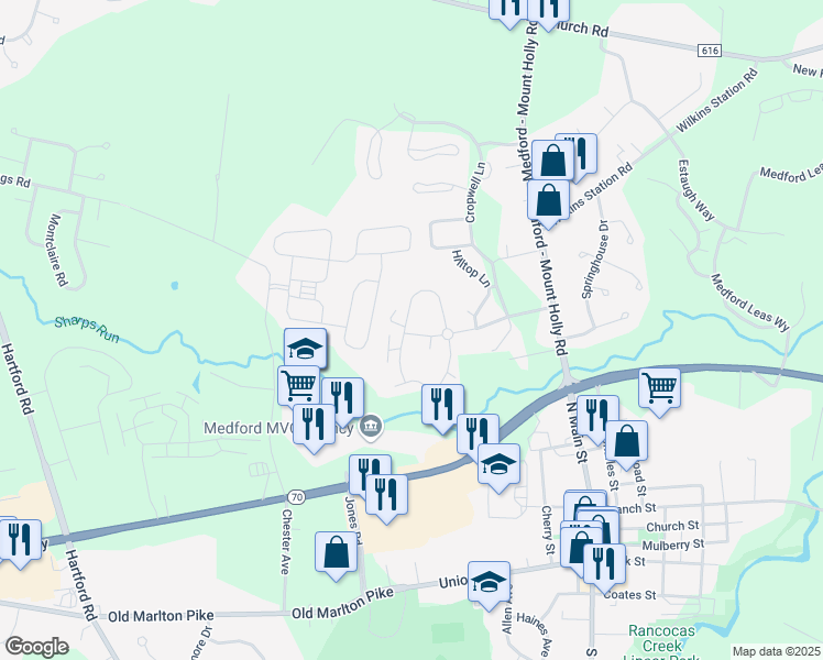 map of restaurants, bars, coffee shops, grocery stores, and more near 65 Turtle Creek Drive in Medford