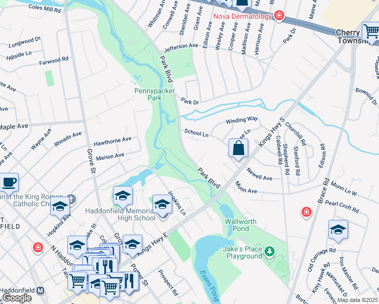 map of restaurants, bars, coffee shops, grocery stores, and more near 110 B Cherry Parke in Cherry Hill
