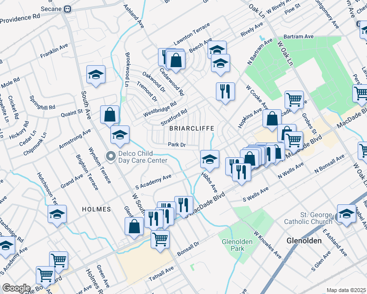 map of restaurants, bars, coffee shops, grocery stores, and more near 253 Park Drive in Glenolden