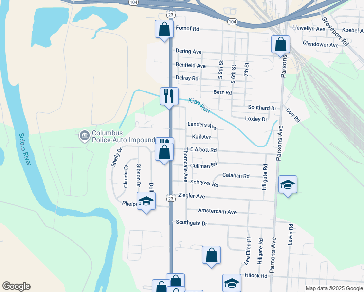 map of restaurants, bars, coffee shops, grocery stores, and more near 2720 South High Street in Columbus