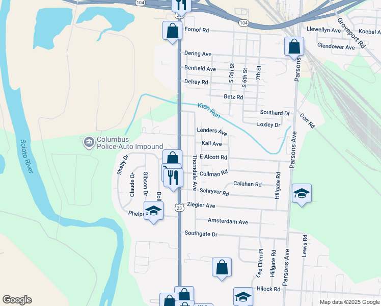 map of restaurants, bars, coffee shops, grocery stores, and more near 2720 South High Street in Columbus